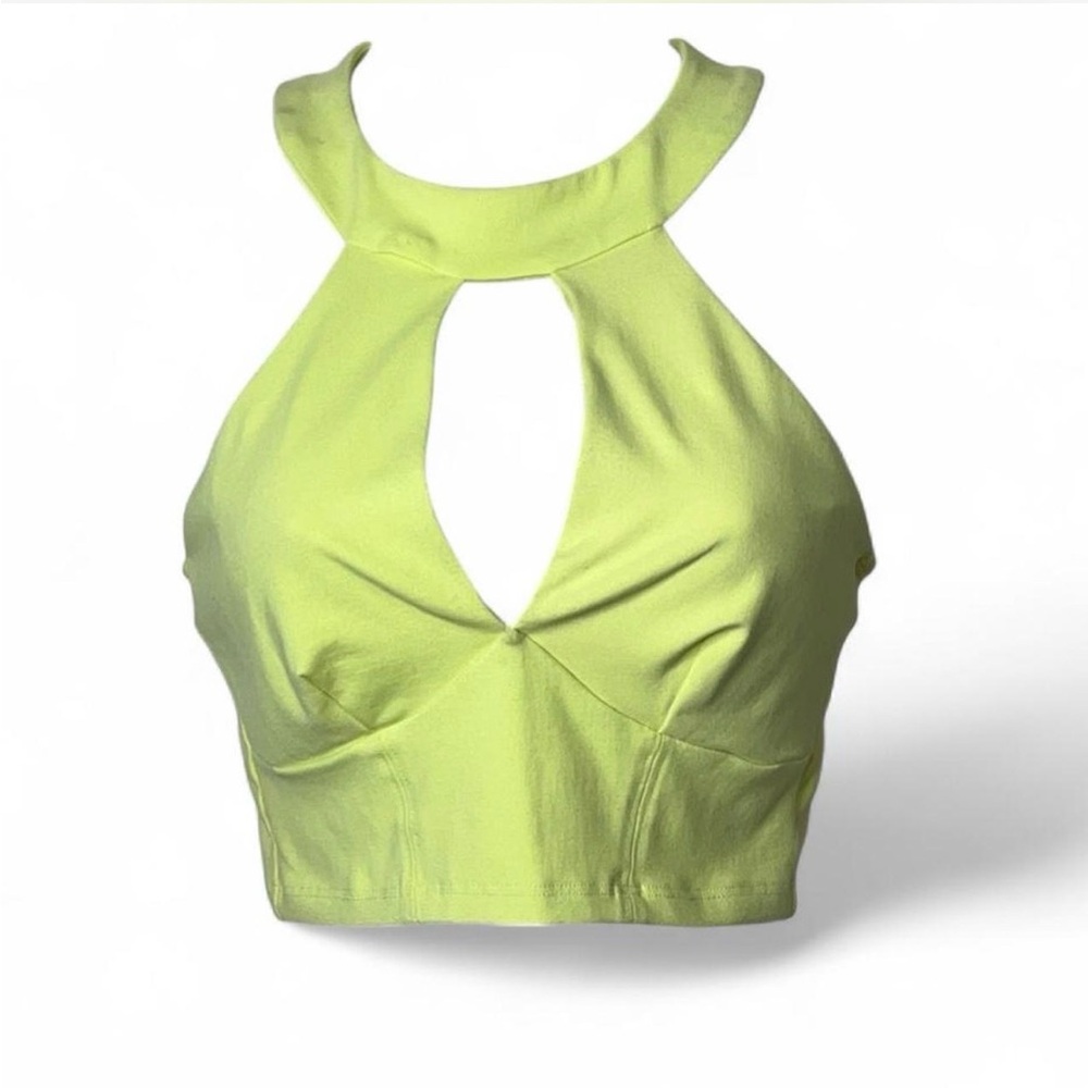 Y2K Bebe Neon Lime Yellow Green Cut Out Split Keyhole Plunge Halter Crop Top XS